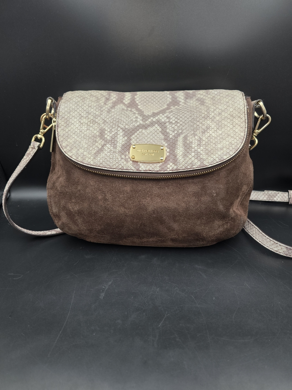 Michael Kors Brown Suede Crossbody with Snake-Print Flap